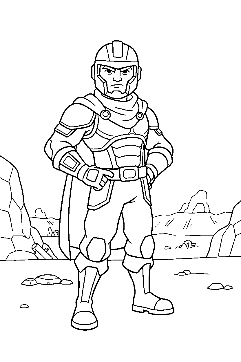 fortnite squad captain standing proudly on a wide battlefield line art
