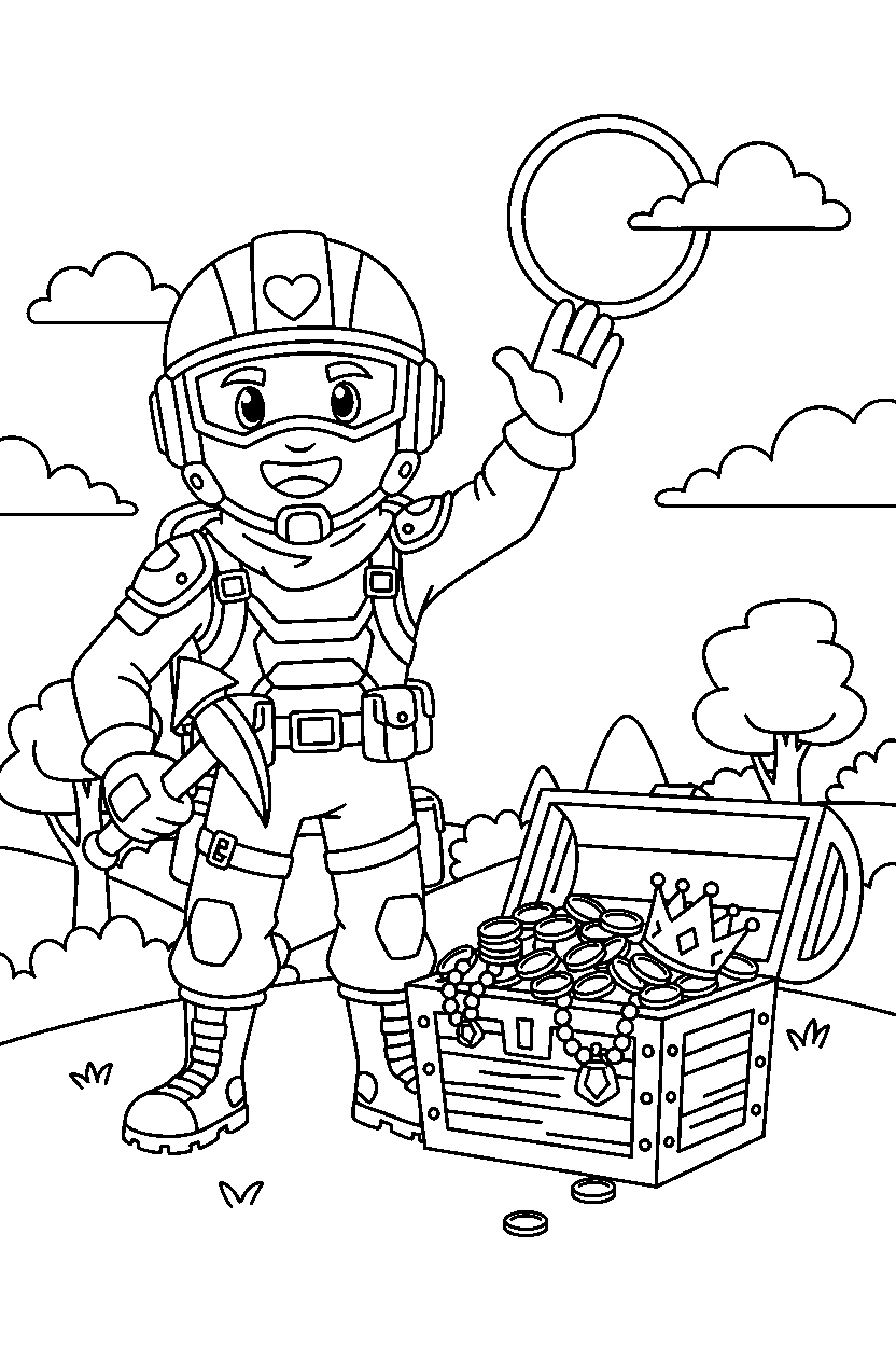 fortnite squad captain waving near a treasure chest line art