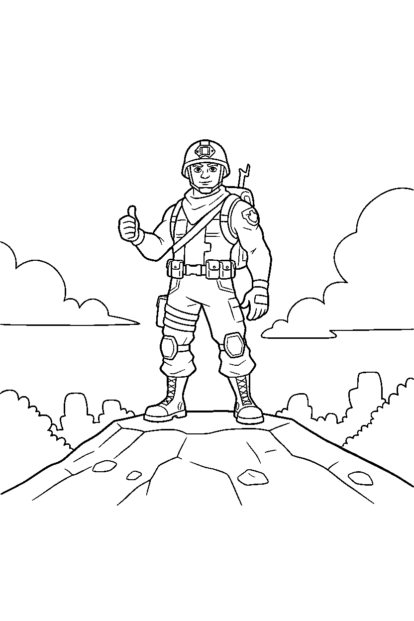 fortnite squad defender giving a thumbs up on a rocky hill line art