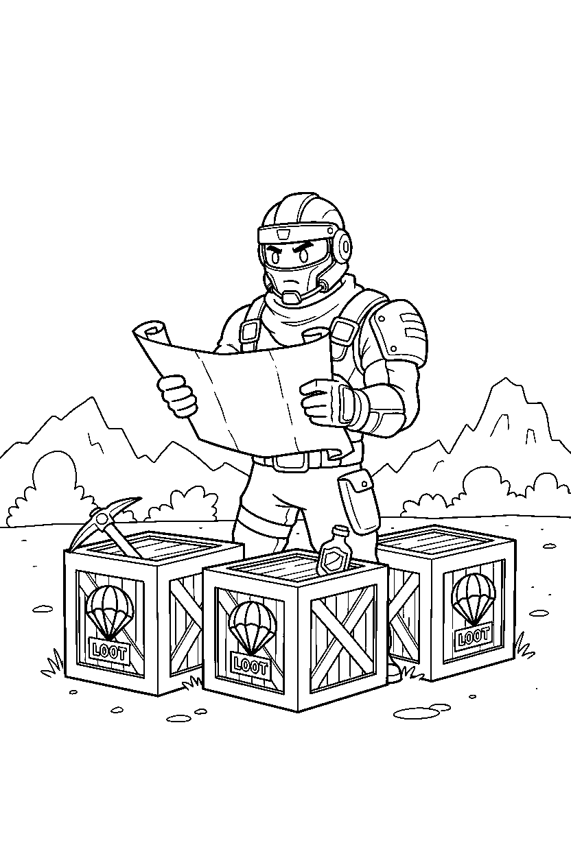 fortnite squad defender holding a map near supply crates line art