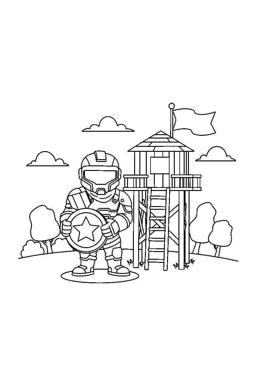 fortnite squad defender holding a medal near a watch post line art