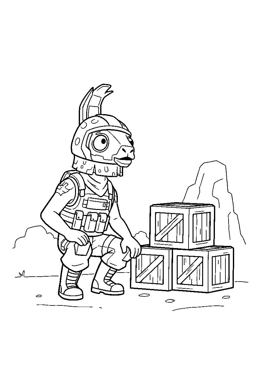 fortnite squad defender looking around near stacked crates line art