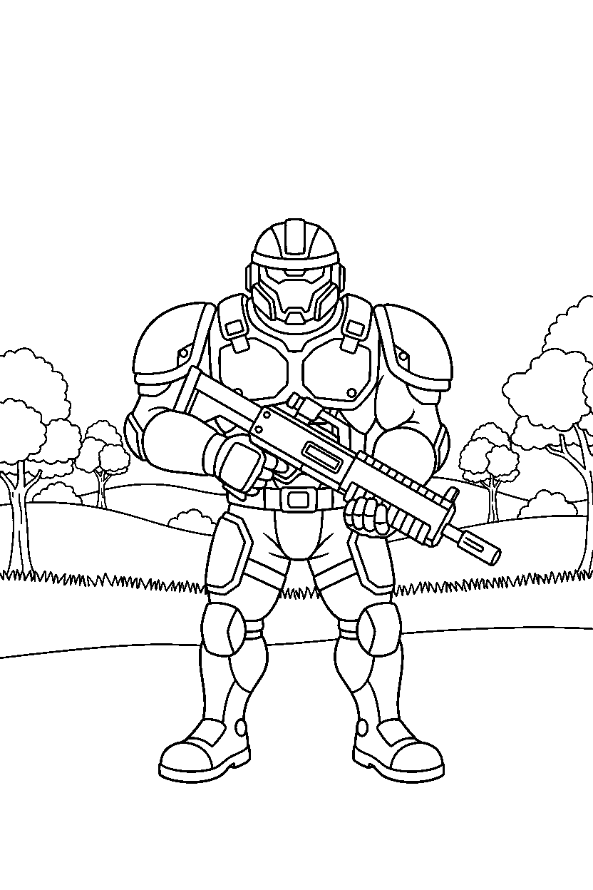 fortnite squad defender looking forward on a grassy battlefield line art