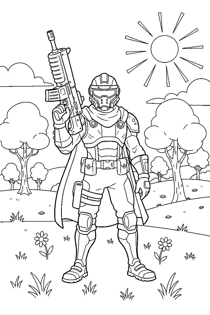 fortnite squad defender standing proudly in a peaceful meadow line art