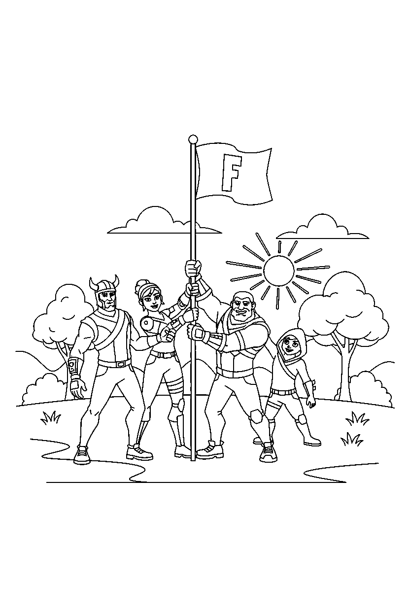 fortnite squad hero raising a flag in an open field line art