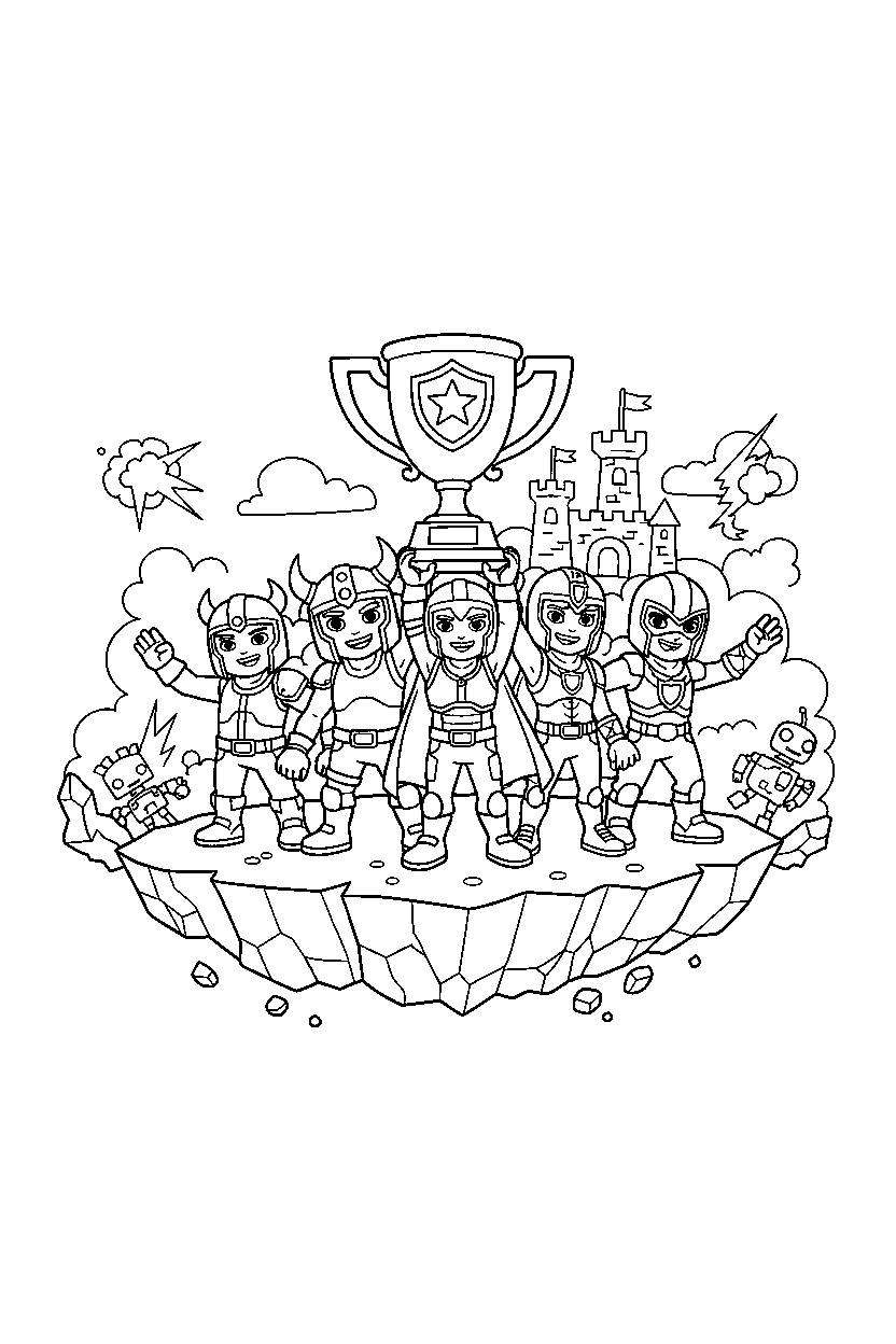 fortnite squad hero raising a trophy in a cartoon battle scene line art