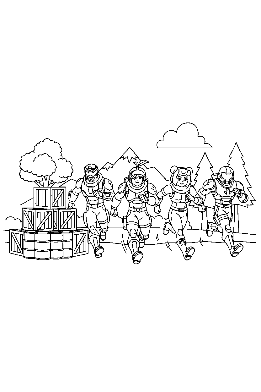 fortnite squad hero running near stacked crates line art