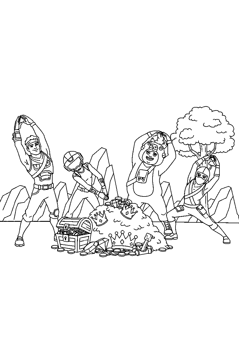 fortnite squad hero stretching near a treasure pile line art