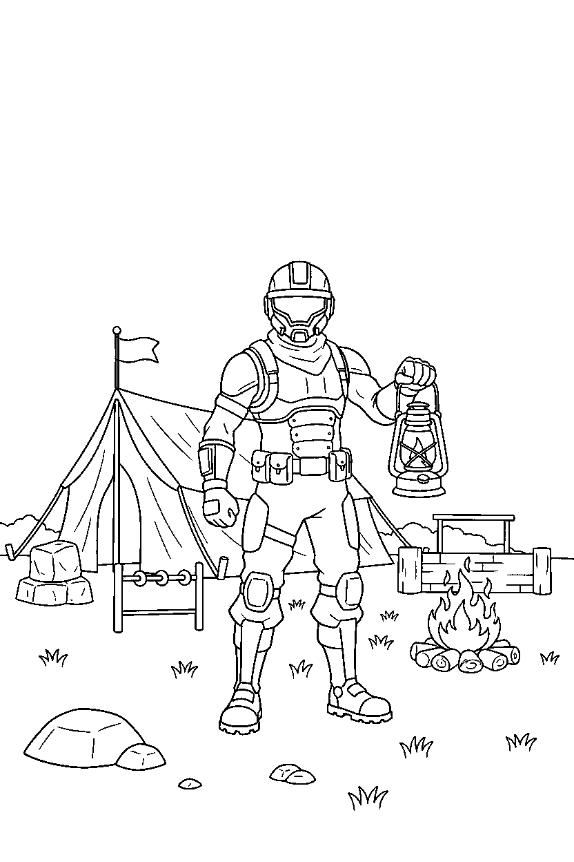 fortnite squad leader holding a lantern near a training camp line art