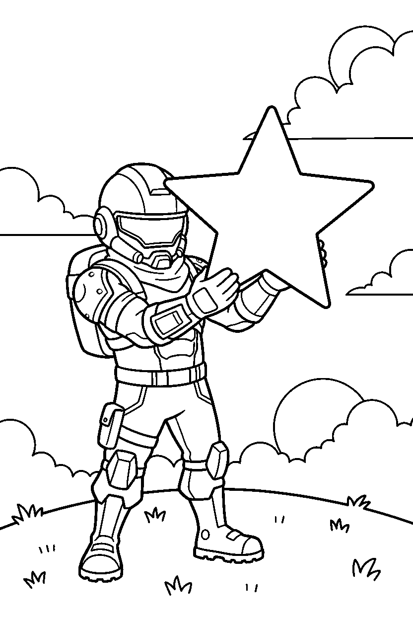 fortnite squad leader holding a star on a grassy hill line art