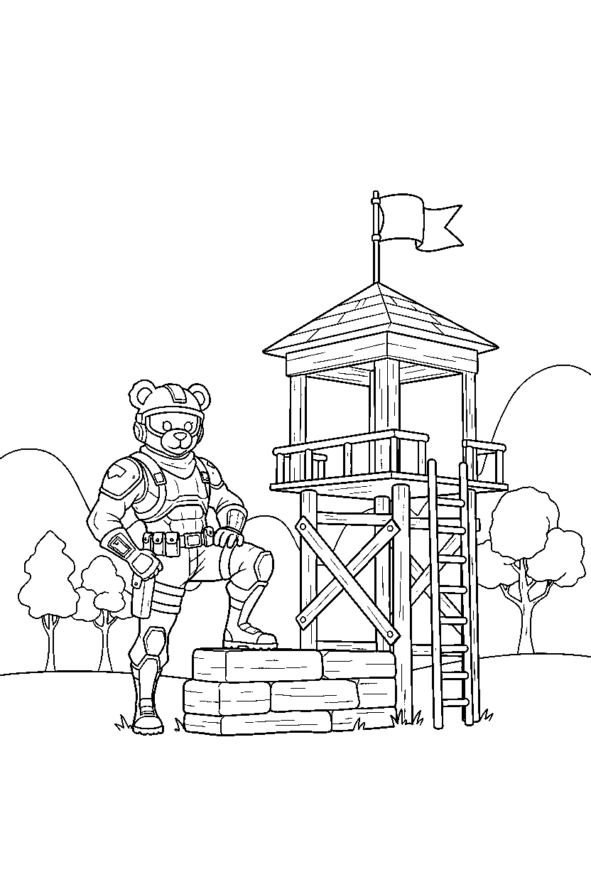 fortnite squad leader posing near a watch post line art
