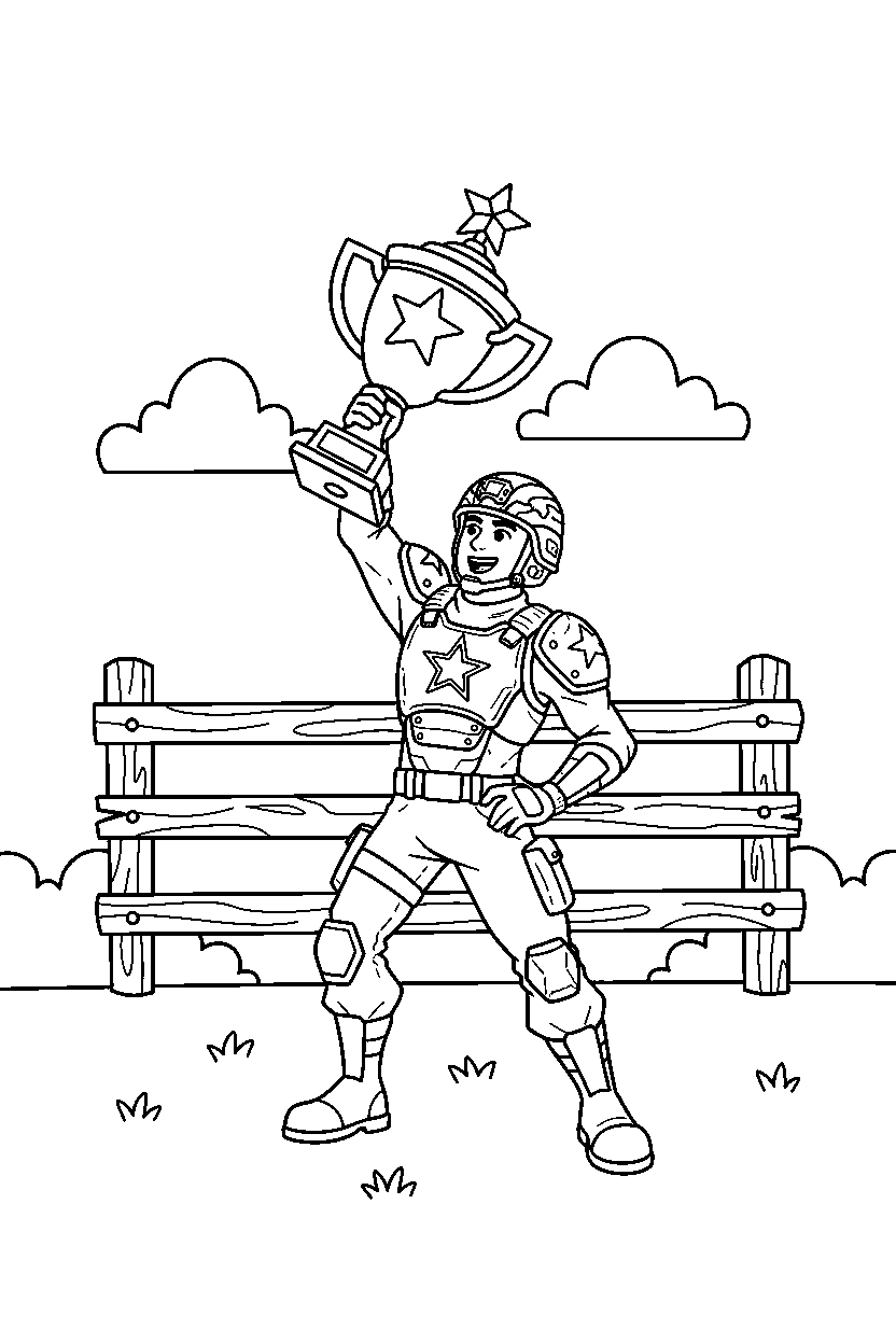 fortnite squad leader raising a trophy near a wooden fence line art