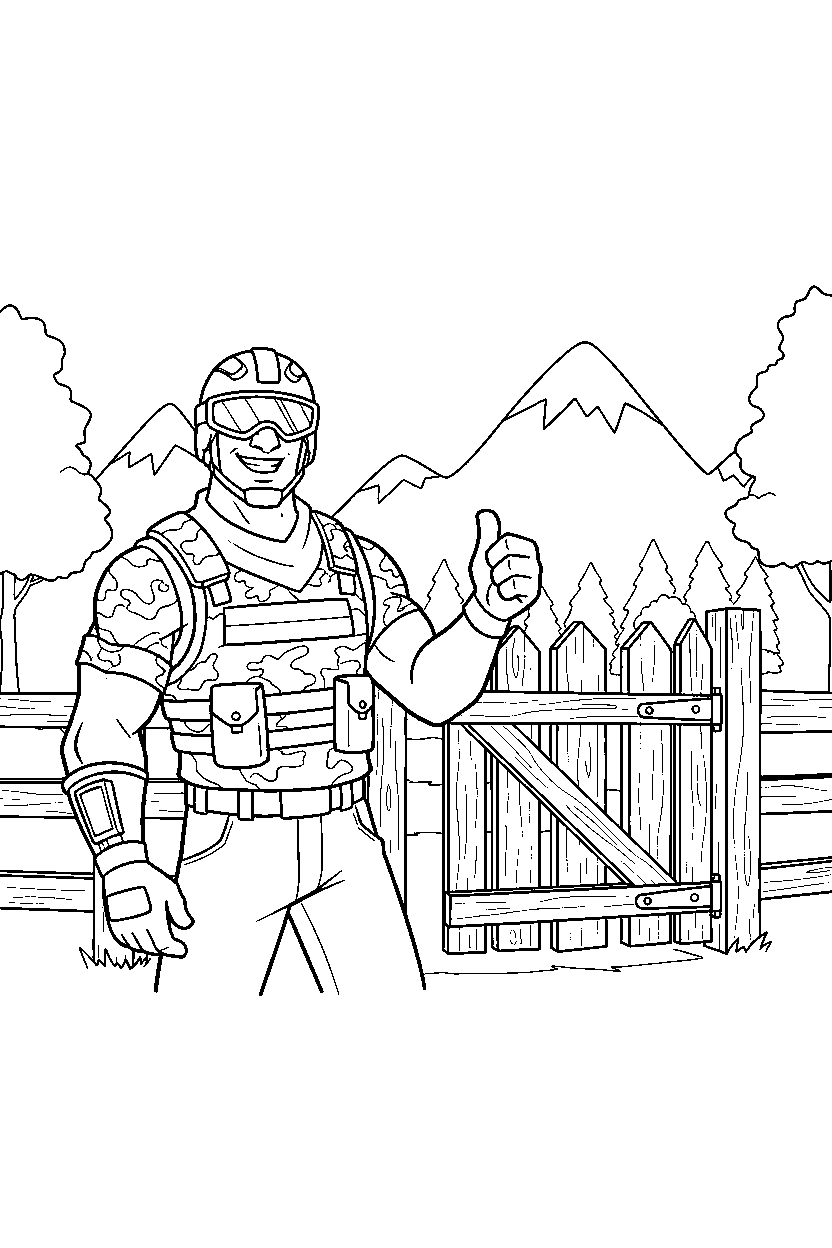fortnite squad leader smiling near a wooden gate line art
