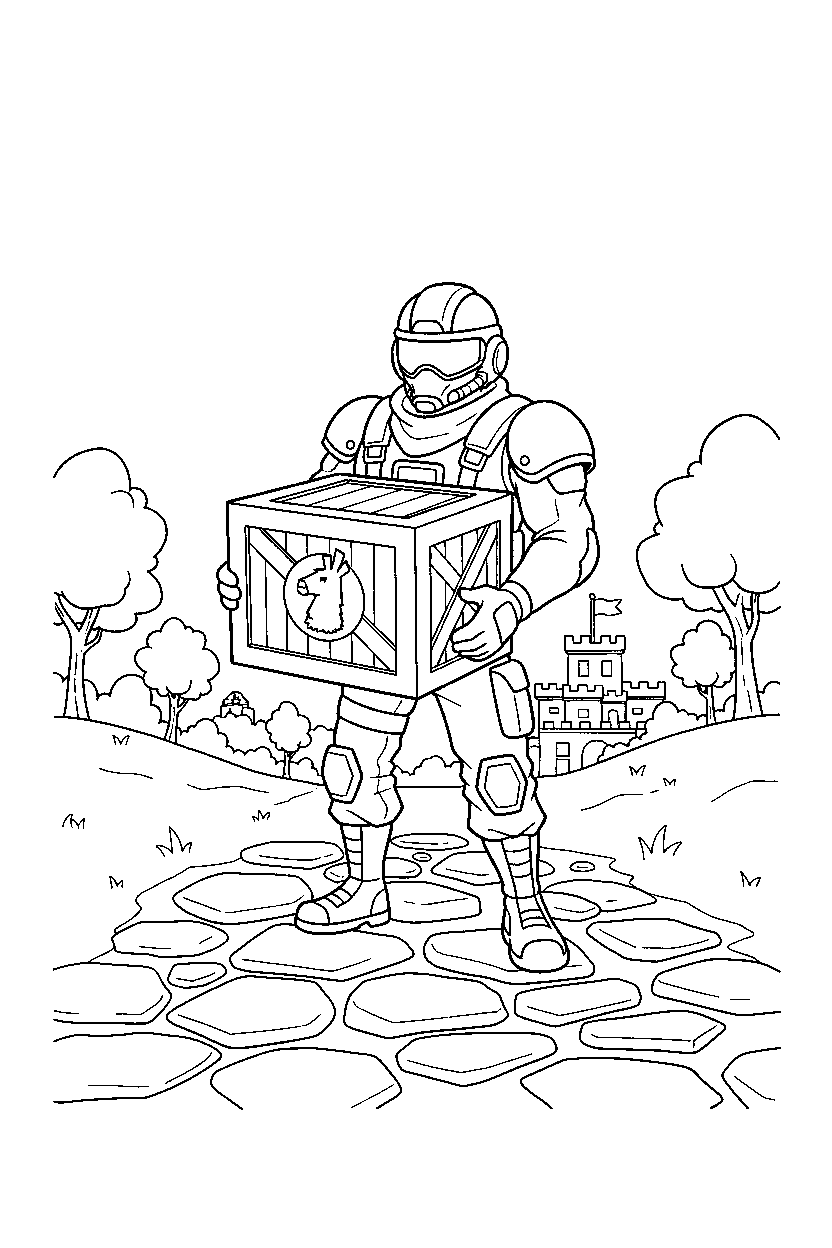fortnite squad warrior holding a supply crate near a stone path line art