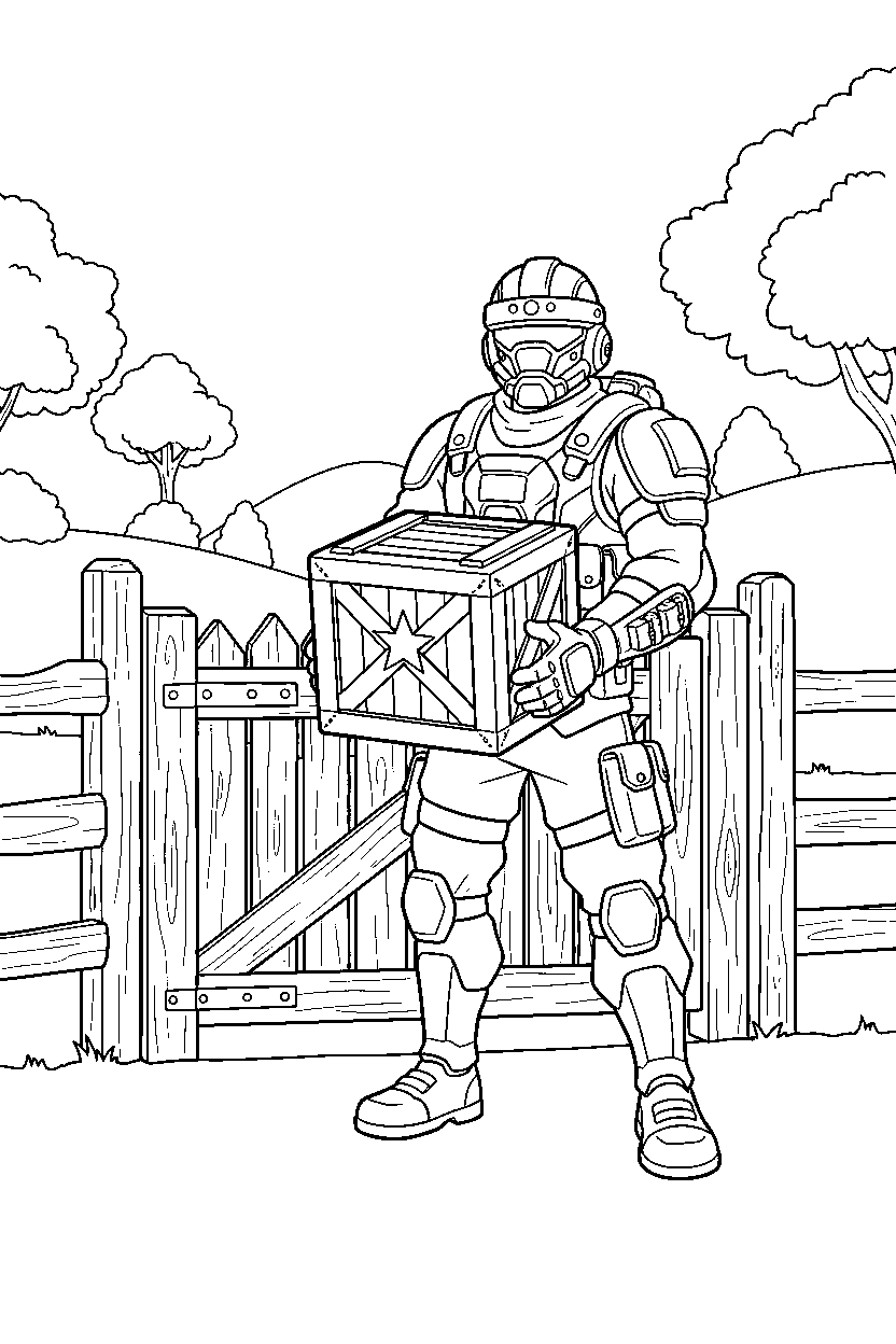 fortnite squad warrior holding a supply crate near a wooden gate line art