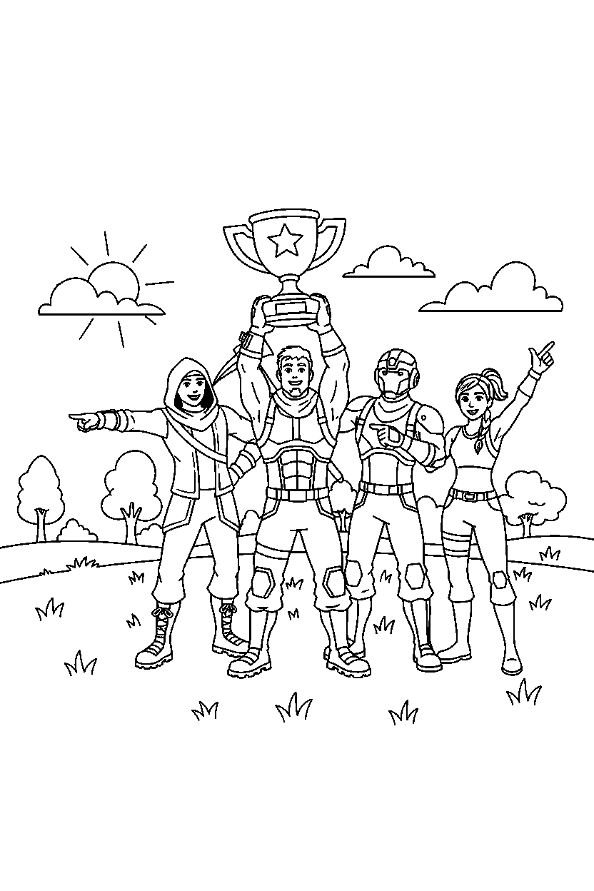 fortnite squad warrior holding a trophy in an open field line art