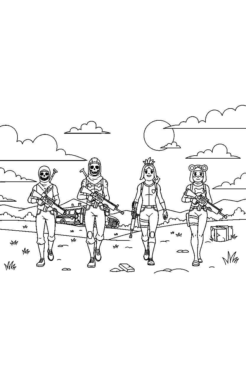 fortnite squad warrior walking on a wide battlefield line art