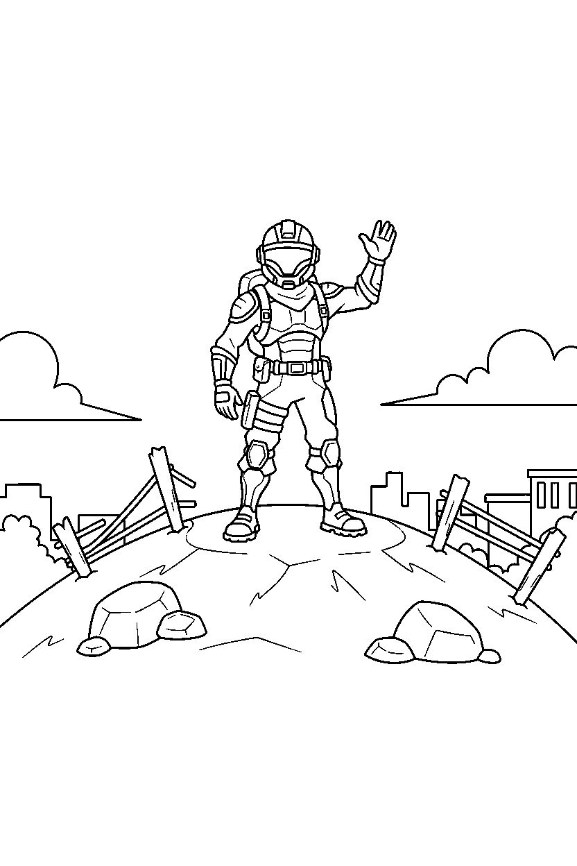 fortnite squad warrior waving on a battle hill line art