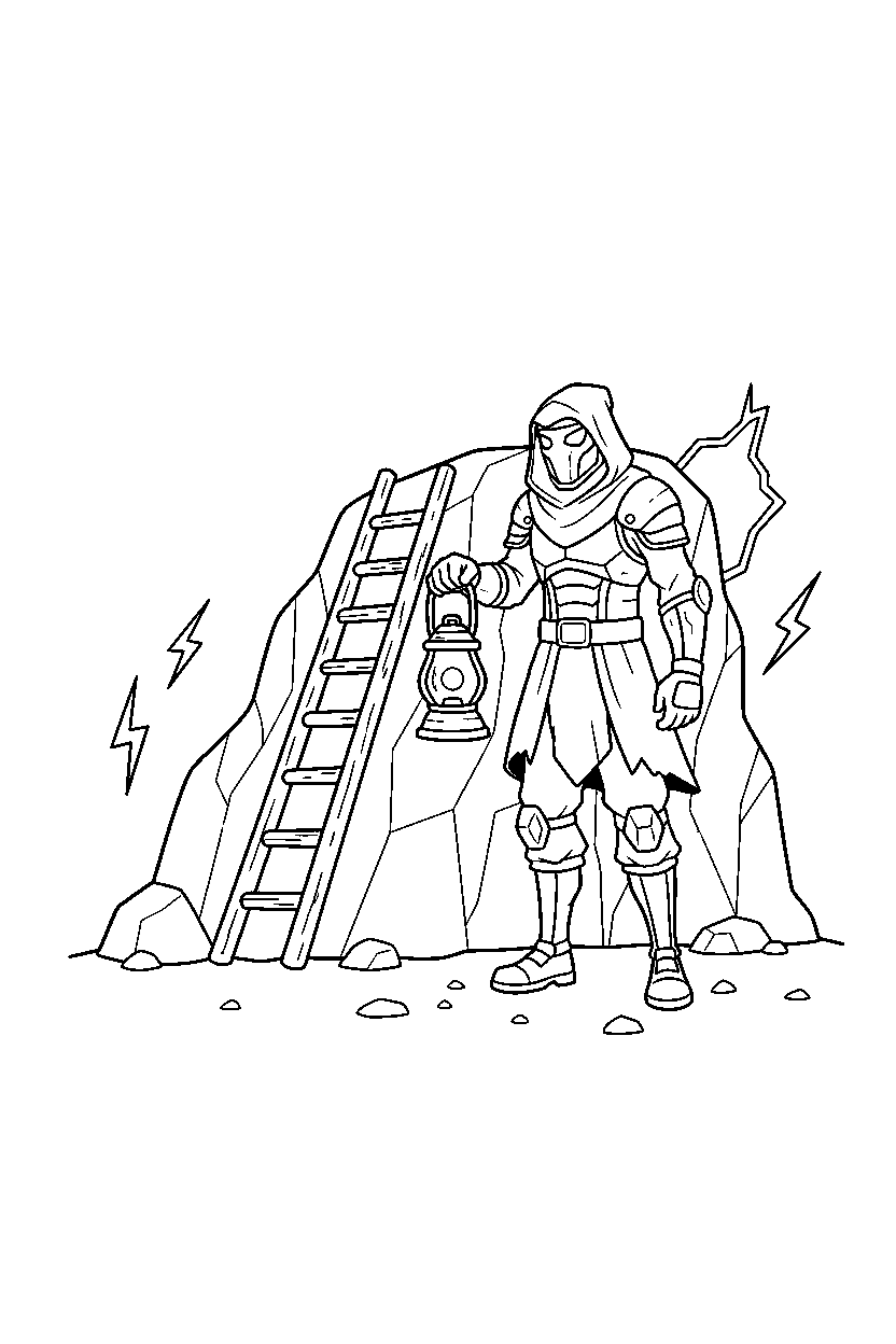 fortnite storm defender holding a lantern near a wooden ladder line art