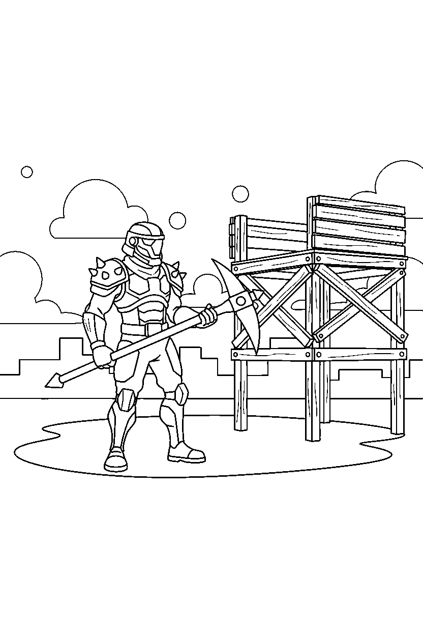 fortnite storm defender holding a pickaxe near a wooden platform line art