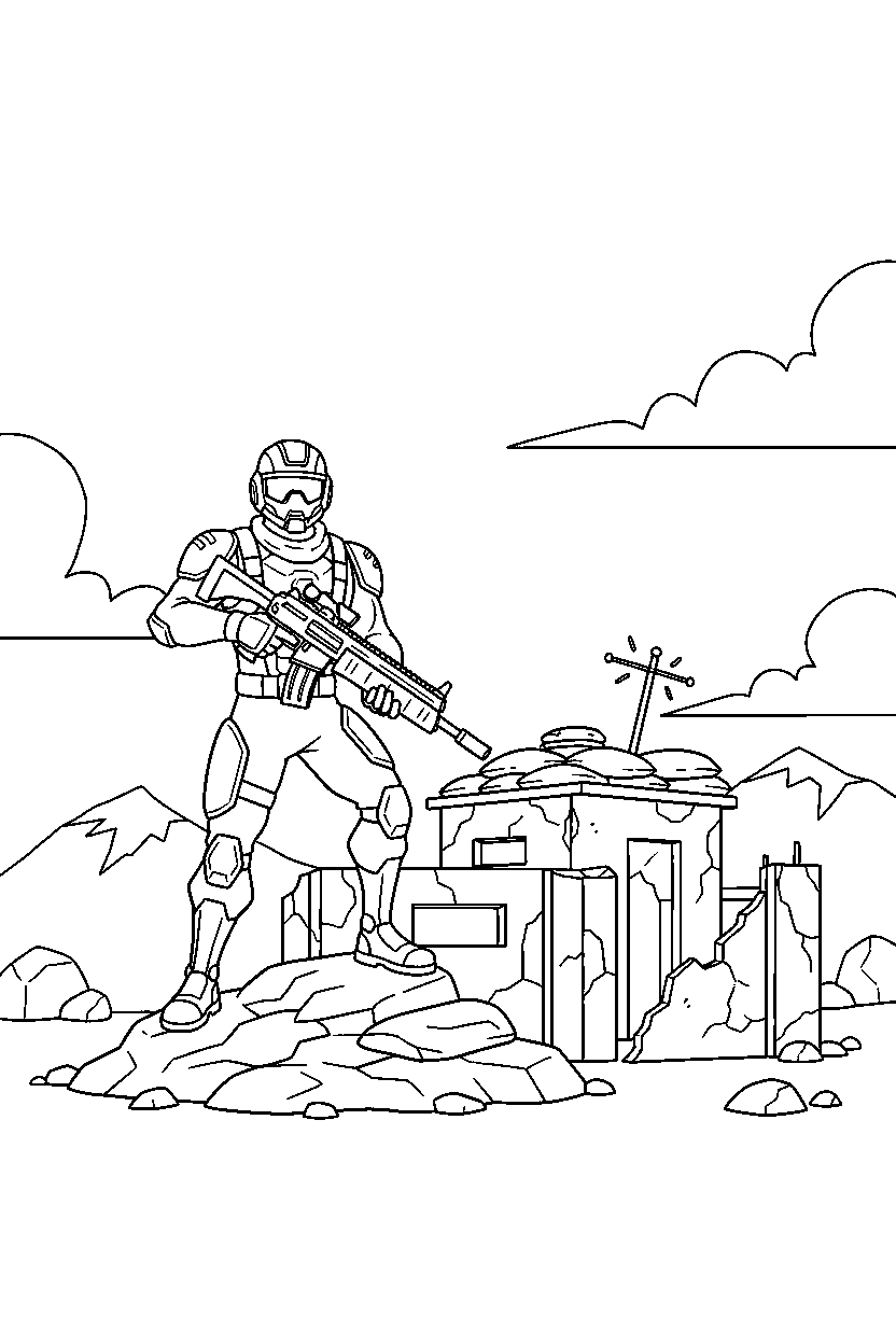 fortnite storm defender posing near a small bunker line art