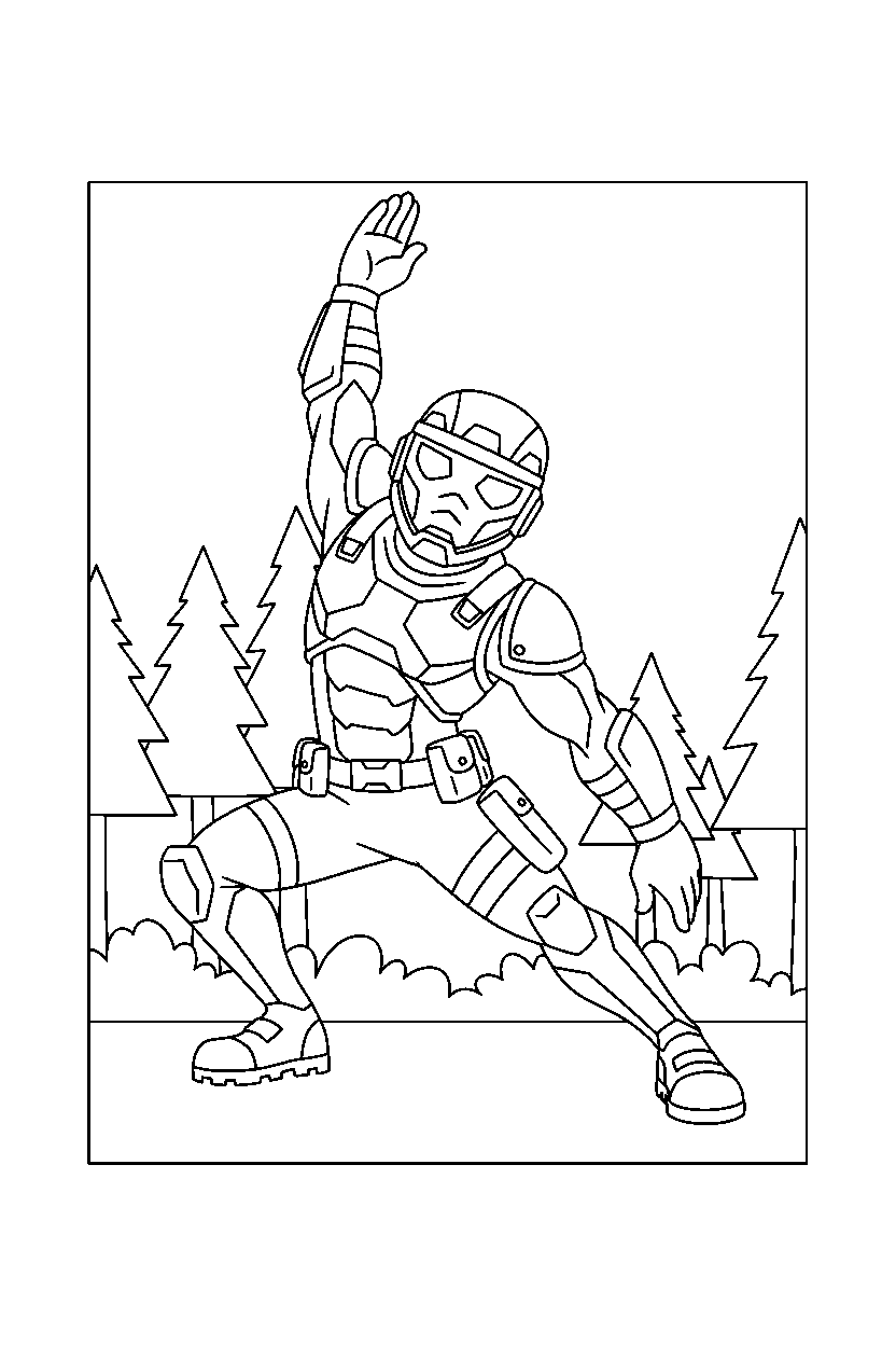 fortnite storm defender stretching near a forest edge line art
