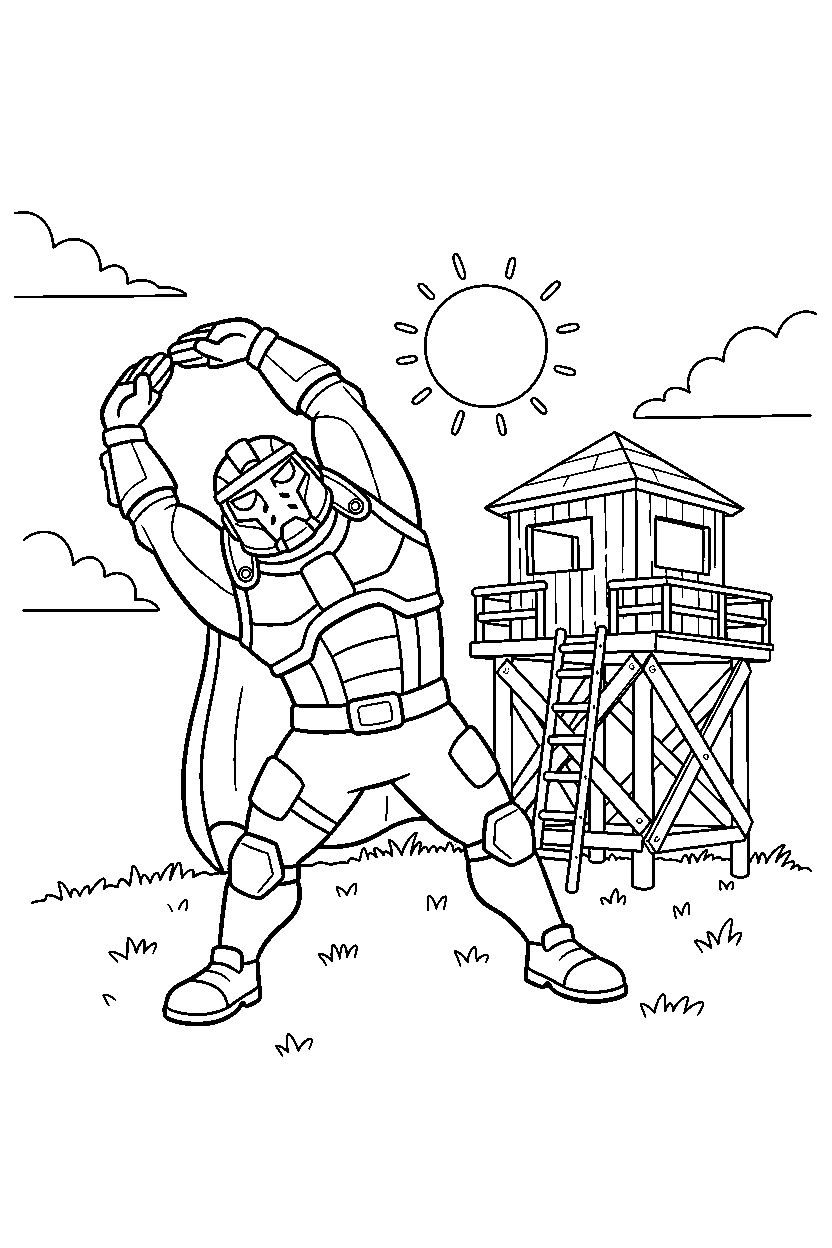 fortnite storm defender stretching near a wooden lookout line art