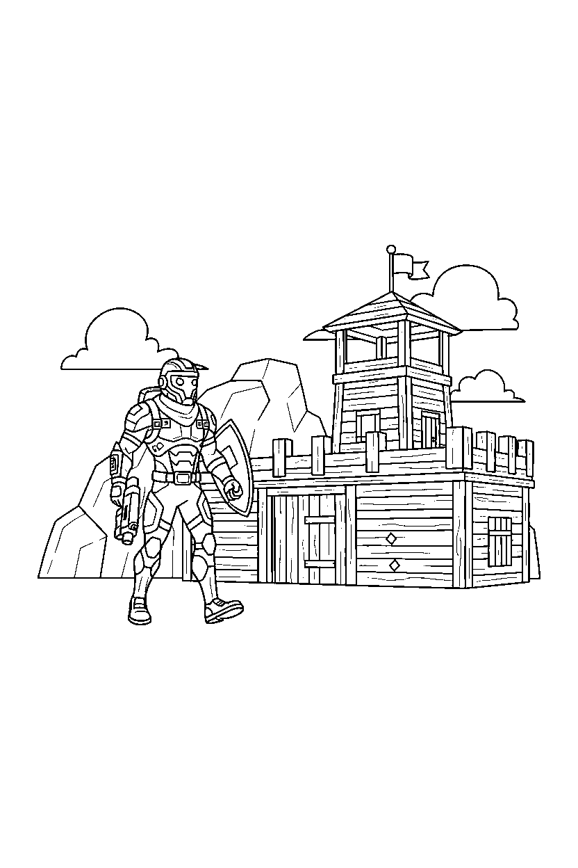 fortnite storm defender walking near a wooden fort line art