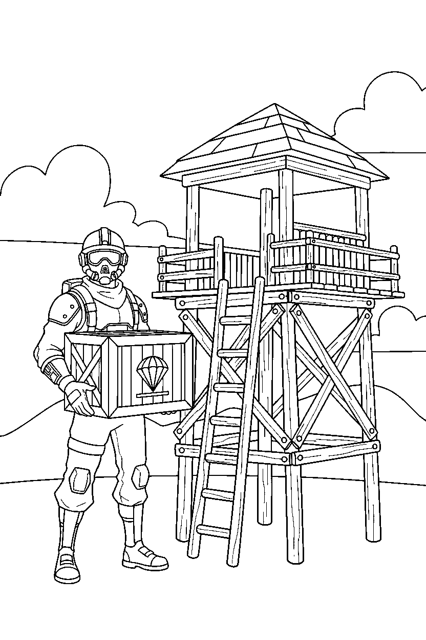 fortnite storm fighter holding a supply crate near a wooden lookout line art