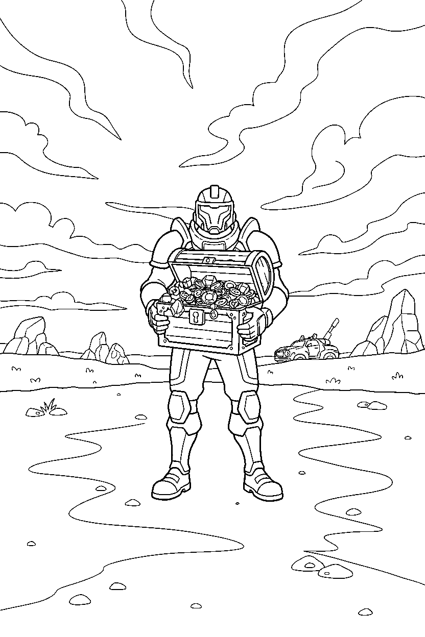 fortnite storm fighter holding a treasure chest on a wide battlefield line art