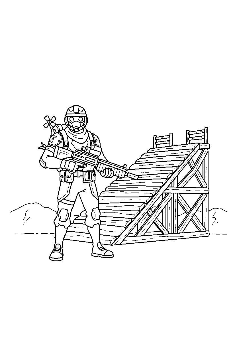 fortnite storm fighter looking forward near a wooden platform ramp line art