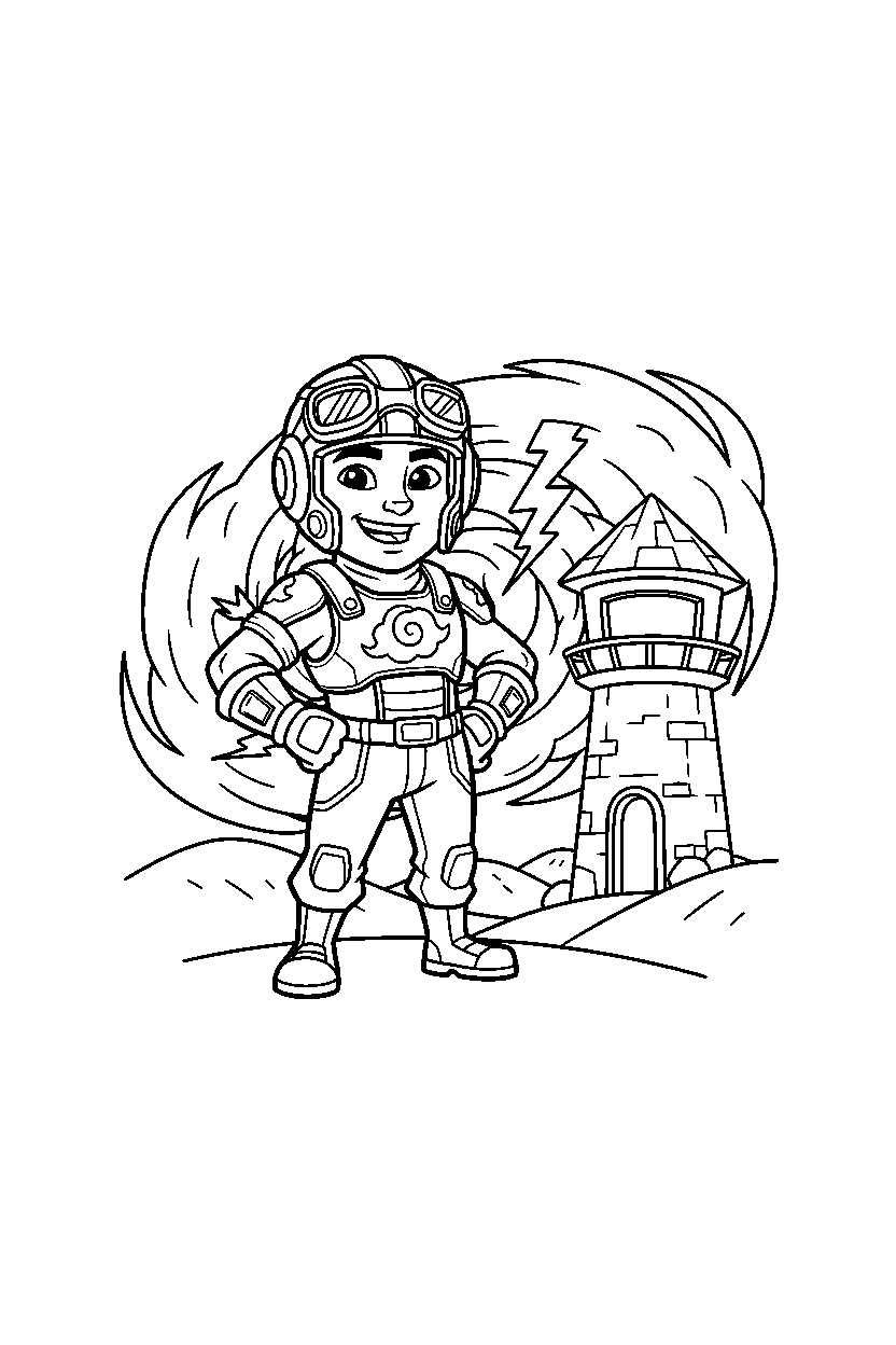 fortnite storm fighter smiling near a small tower line art