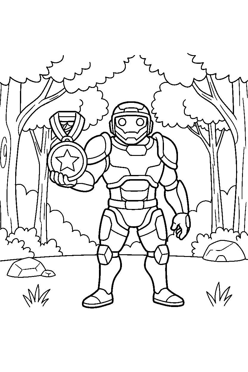 fortnite storm guardian holding a medal in a forest clearing line art