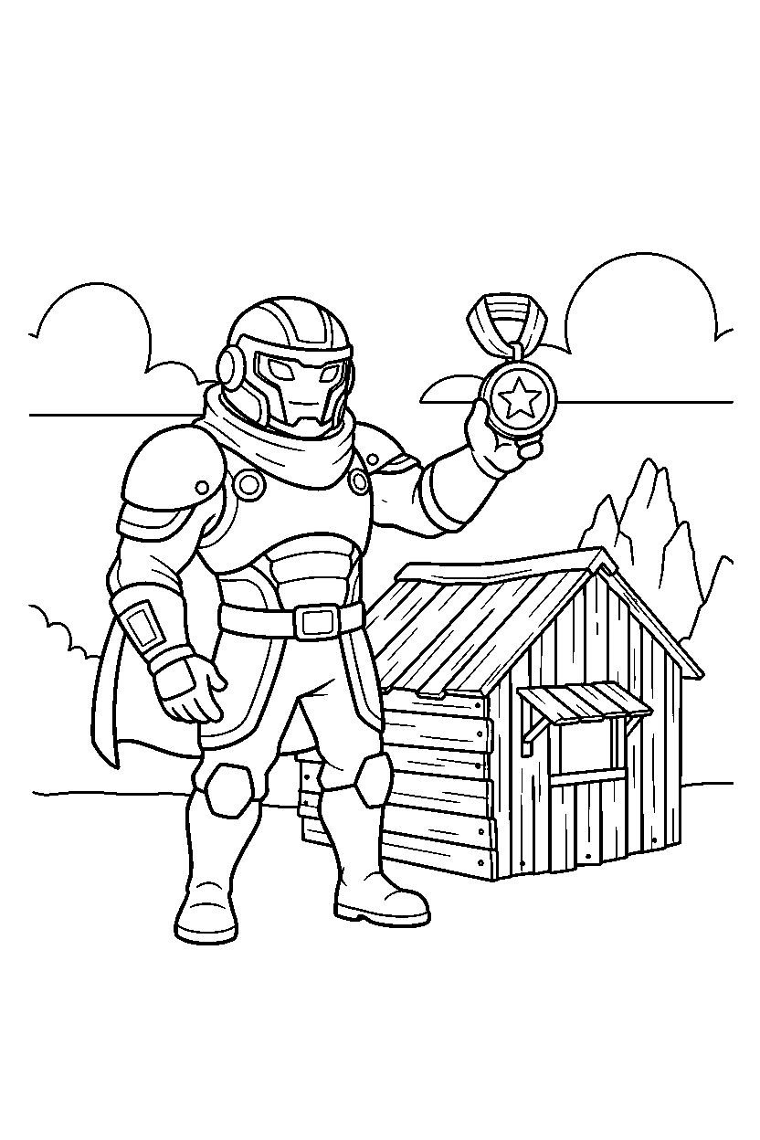 fortnite storm guardian holding a medal near a small shelter line art