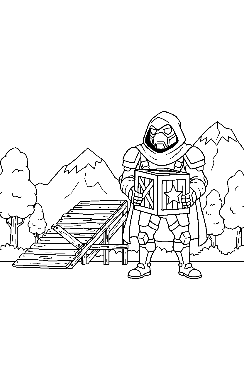 fortnite storm guardian holding a supply crate near a wooden ramp line art