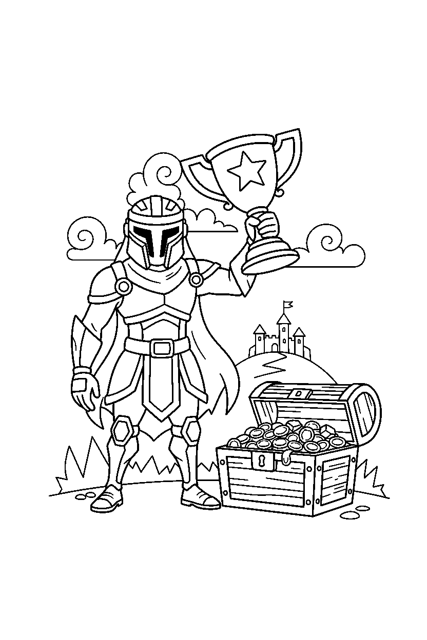fortnite storm guardian holding a trophy near a treasure chest line art