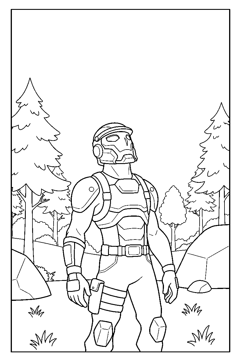fortnite storm guardian looking up in a forest clearing line art