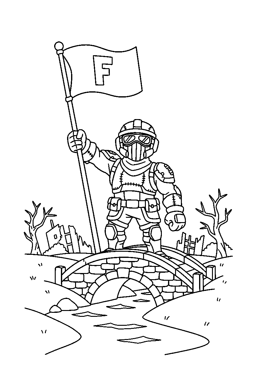 fortnite storm survivor raising a flag near a small bridge line art