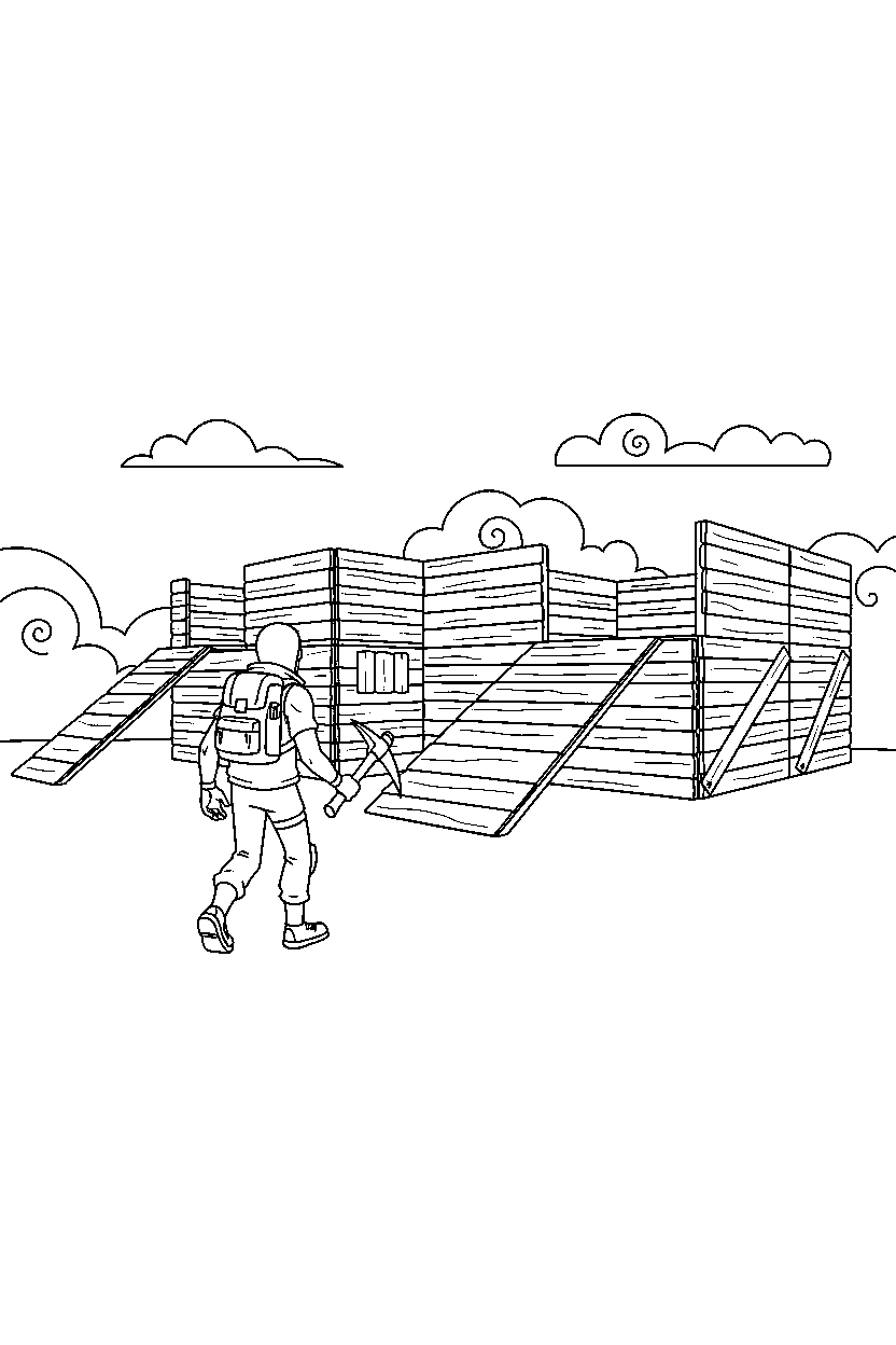 fortnite storm survivor walking near a wooden fort line art