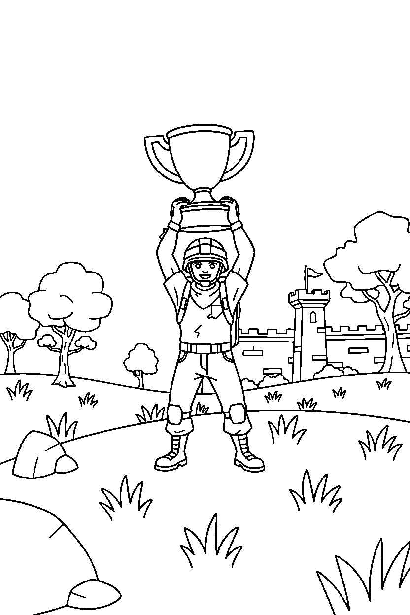 fortnite survival fighter holding a trophy on a grassy battlefield line art