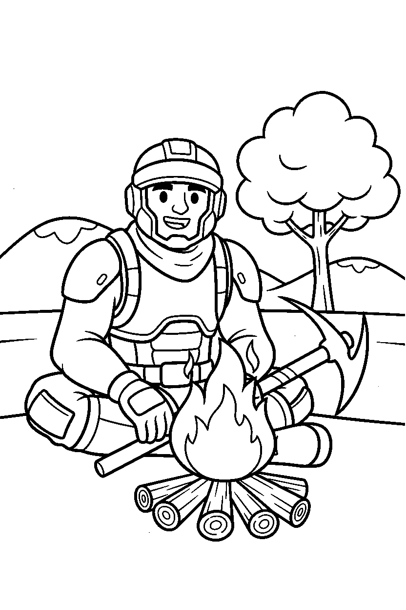 fortnite survival fighter smiling near a campfire line art