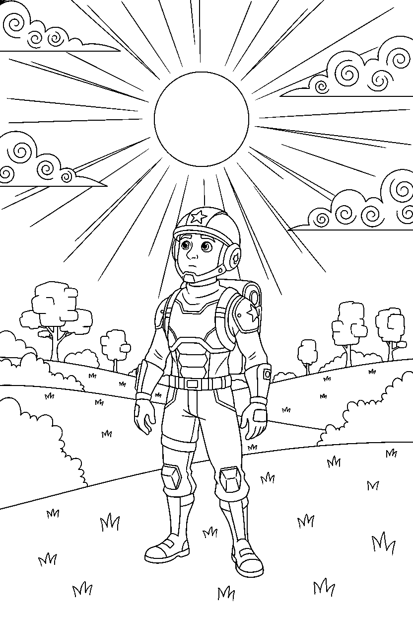fortnite survival hero looking at the sky in an open field line art