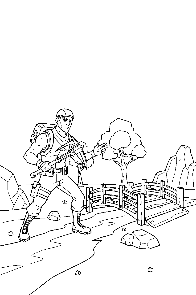 fortnite survival hero preparing for battle near a small bridge line art