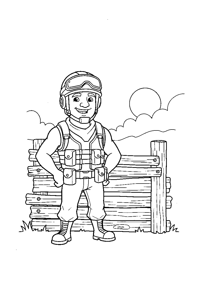 fortnite survival hero smiling near a wooden barricade line art