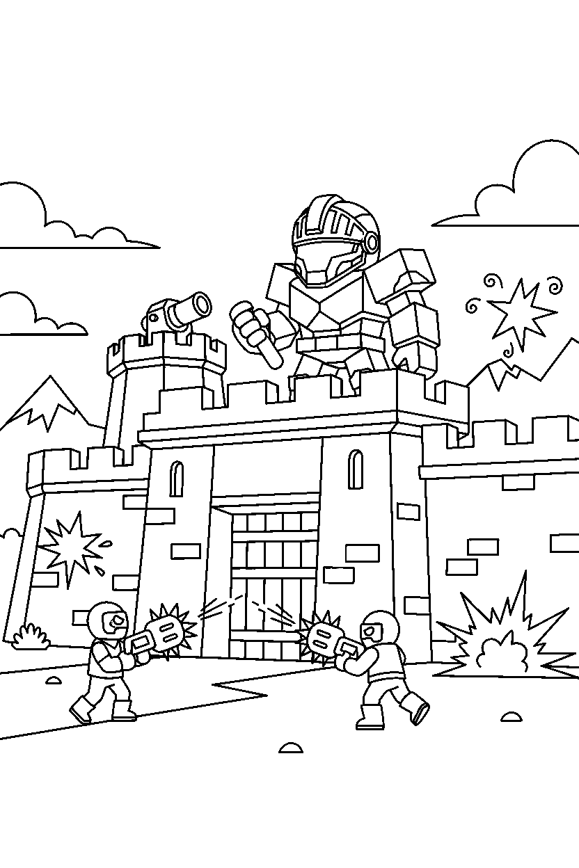 fortnite teammate guarding the base in a cartoon battle scene line art