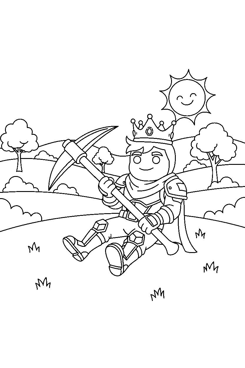 fortnite victory champion holding a pickaxe in a peaceful meadow line art
