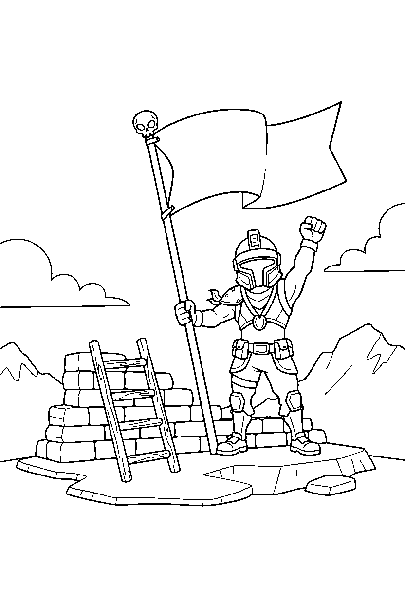 fortnite victory champion raising a flag near a wooden ladder line art