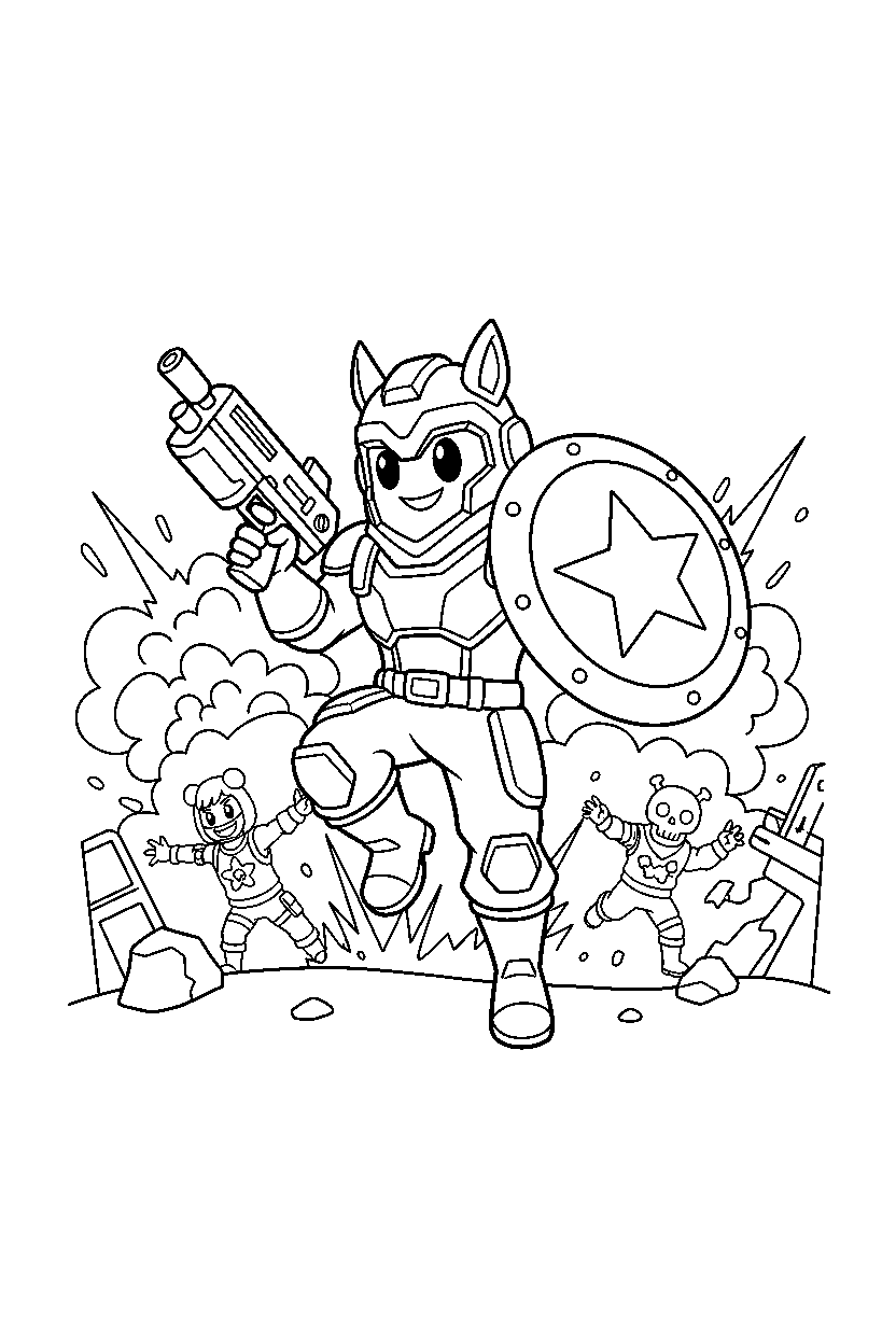fortnite victory hero holding a shield in a cartoon battle scene line art