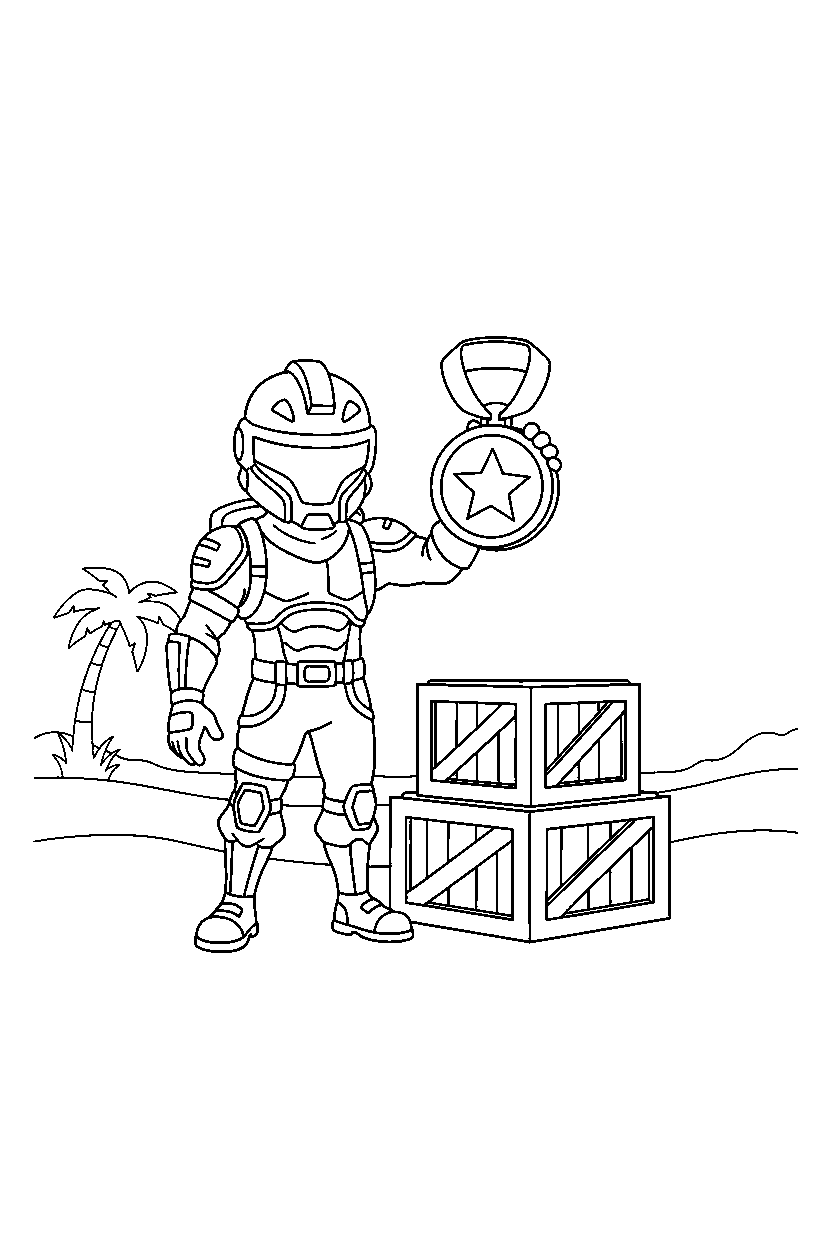 fortnite warrior holding a medal near stacked crates line art