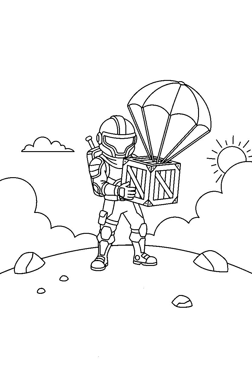 fortnite warrior holding a supply crate on a sandy hill line art
